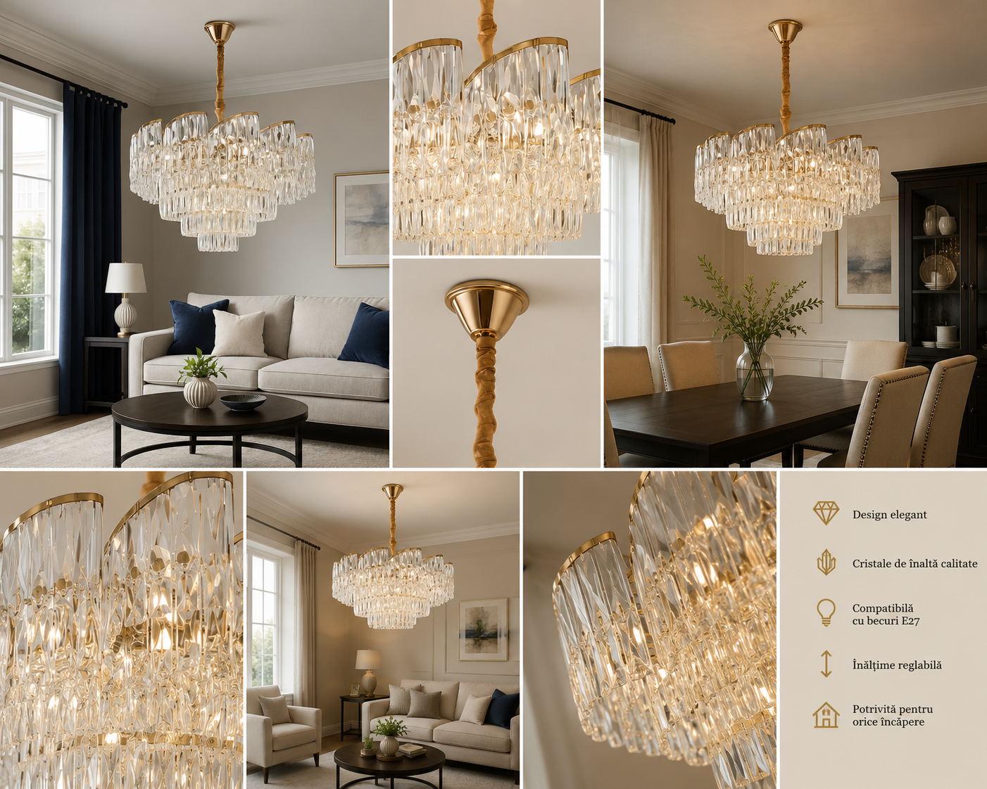 Candelabru cu cristale, 10 becuri E27, Ø580×H380 mm, finisaj auriu, design stratificat tip cascadă