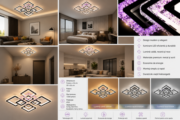 Lustra LED cu patrate moderne incrustate, alb si crom – L7965/4+4CZ WH+CR