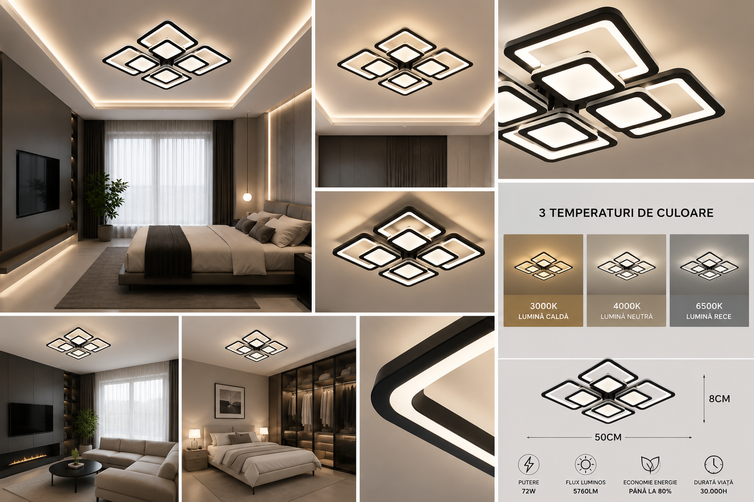 Lustra LED Modernă Neagră 8022/4BK – Design Geometric cu 4 Elemente, Telecomandă, Lumină Reglabilă