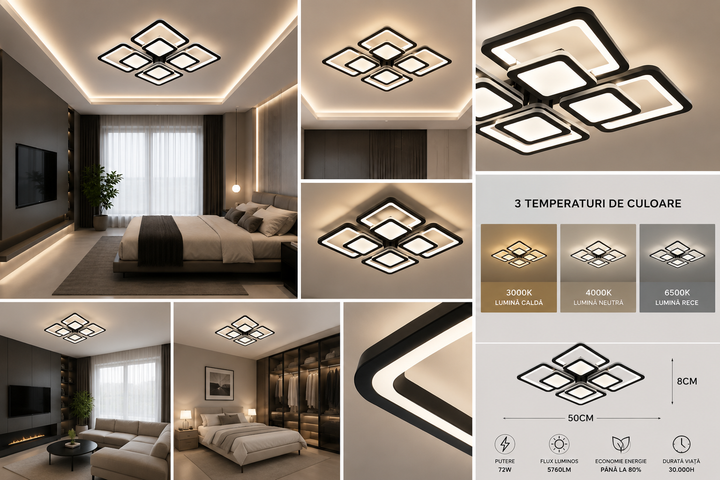 Lustra LED Modernă Neagră 8022/4BK – Design Geometric cu 4 Elemente, Telecomandă, Lumină Reglabilă