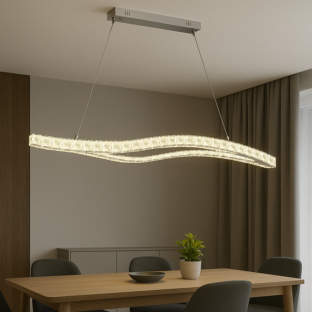 Pendul LED cu cristale, design ondulat dublu, 120W, 910×310×1500 mm, lumina reglabila 3000K–6500K, telecomanda inclusa