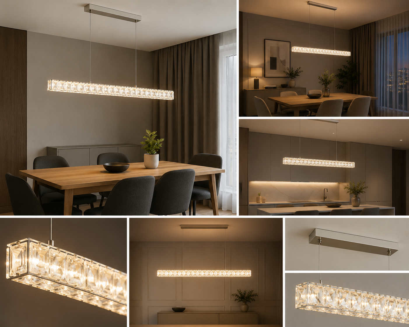 Pendul LED suspendat cu cristale, 56W, 800×55×1500 mm, lumina reglabila 3000K–6500K, telecomandă inclusă