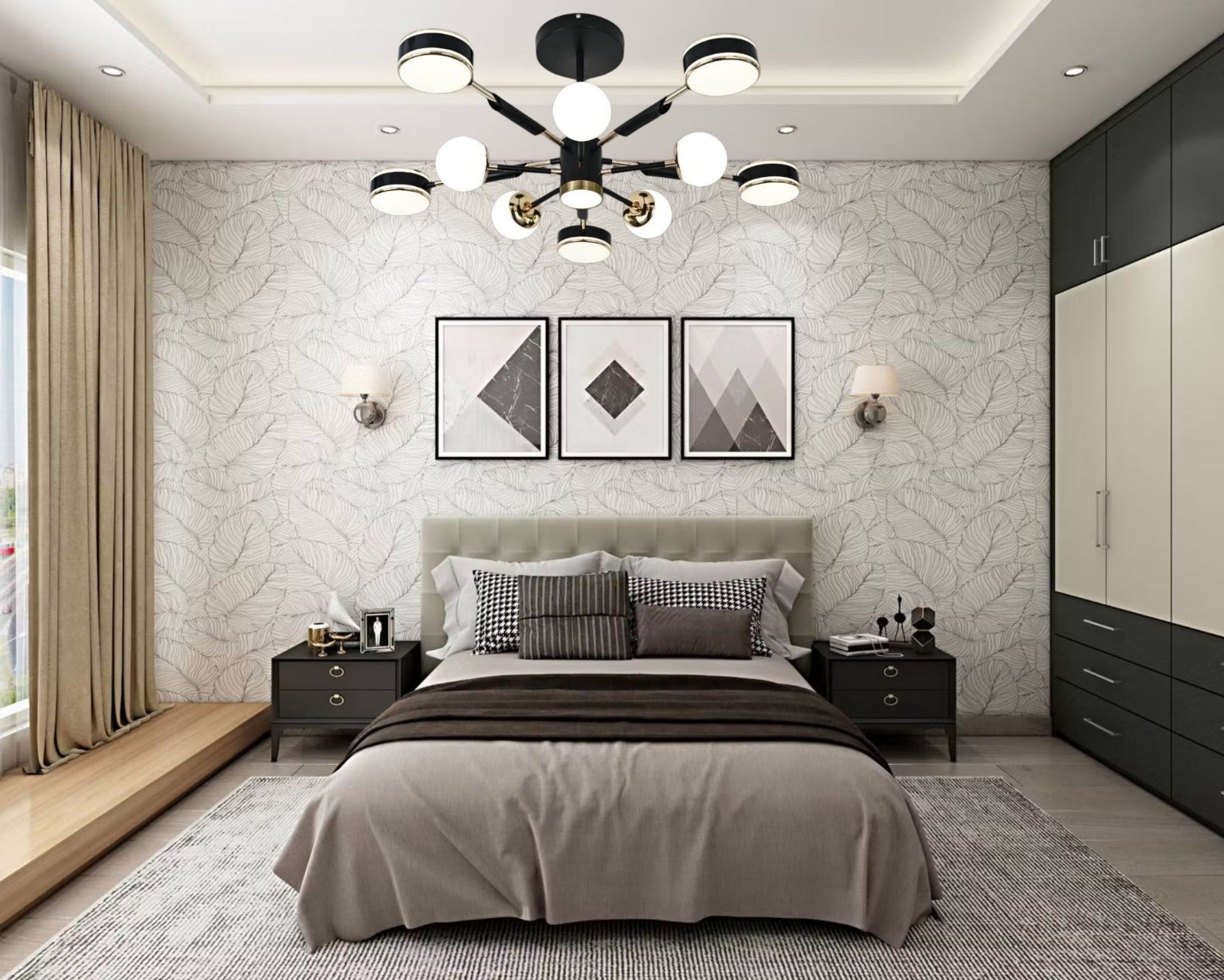 Lustra LED L77108-5+5+1BK+FGD, 130W, telecomandă, lumină reglabilă 3000K-6500K