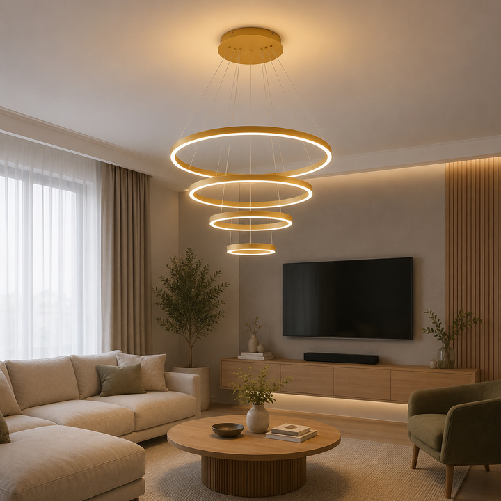Pendul LED cu telecomanda, 220W, lumina reglabila 2800K–6500K, Ø800×H1200 mm, 4 inele aurii, design suspendat modern