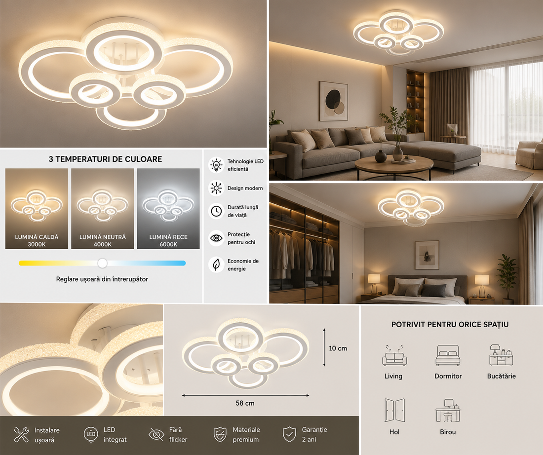 Lustra LED modernă cu cristale, 250W, 3 trepte lumină, telecomandă, Alb/Crom – Model 26032/2+2+2C