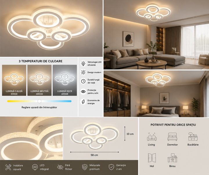 Lustra LED modernă cu cristale, 250W, 3 trepte lumină, telecomandă, Alb/Crom – Model 26032/2+2+2C