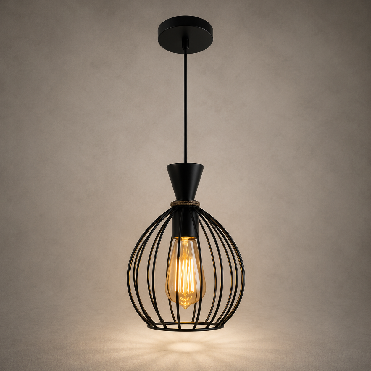 Pendul decorativ metalic, Ø180×H250 mm, 1xE27 max 60W, design rotund cu tije negre, fără telecomandă