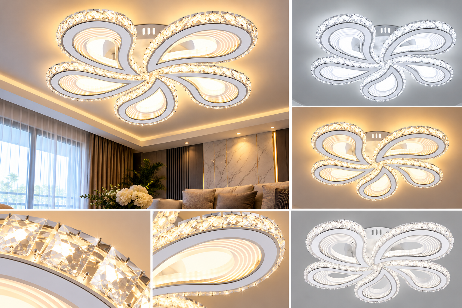 Lustră LED 7513/5 – Alb, cu 5 Brațe și Elemente Decorative din Cristal