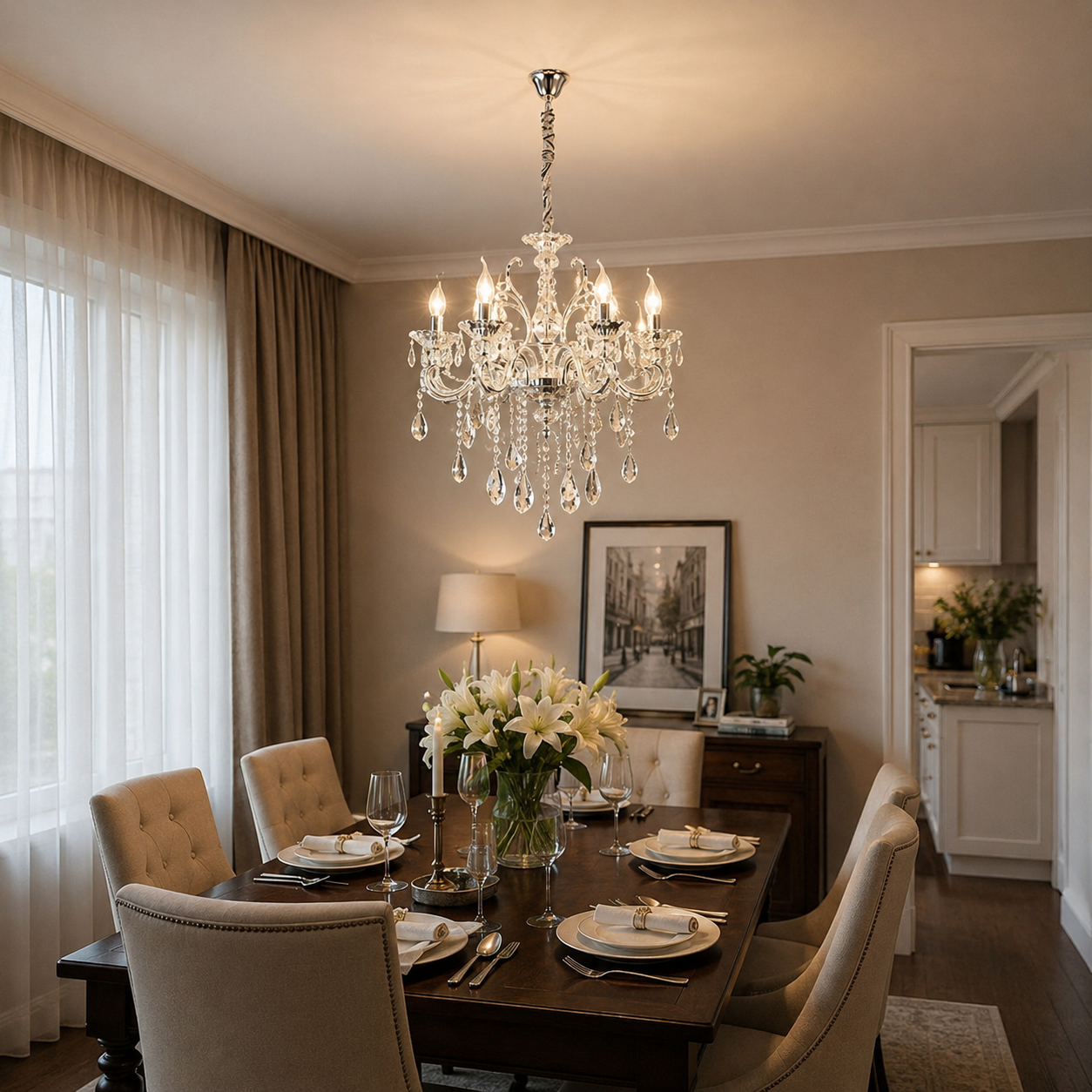 Candelabru Clasic, 6×E14, Ø62 cm, Cristale Decorative și Detalii Elegante