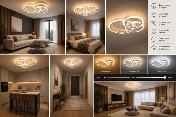 Lustra LED cu telecomanda, model 8888/3 – Alb, 3 Cercuri, 98W