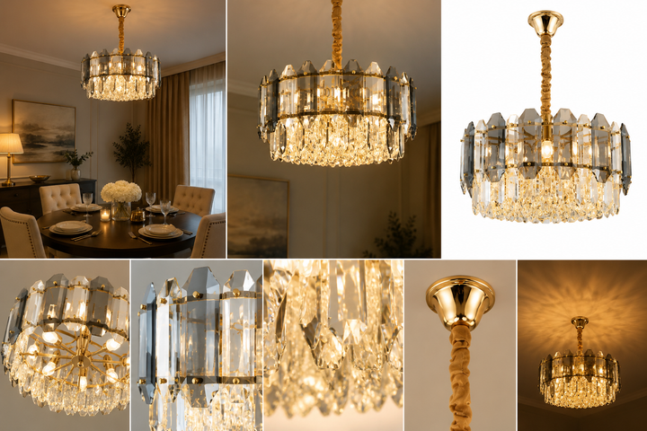 CANDELABRU CU CRISTALE, 9 SURSE E27, Ø ≈ 400 MM, FINISAJ AURIU – MODEL 20564/ 400FGD