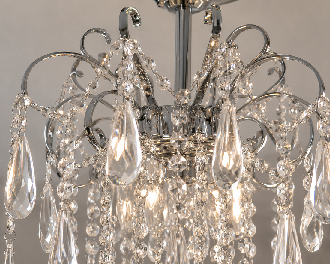 Candelabru  tip cascadă cu cristale, 5 becuri, Ø460 mm, soclu E27 max 60 W, finisaj crom lucios – model 6503/5