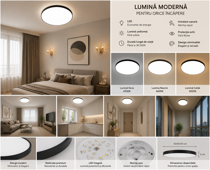 Plafoniera LED rotunda, Ø460 mm, 96W, 6500K, ML-002/460BK