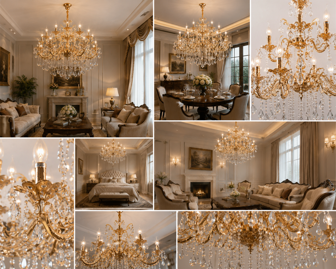 Candelabru clasic cu 15 brațe, model 98056/10+5FG, finisaj auriu, soclu E14