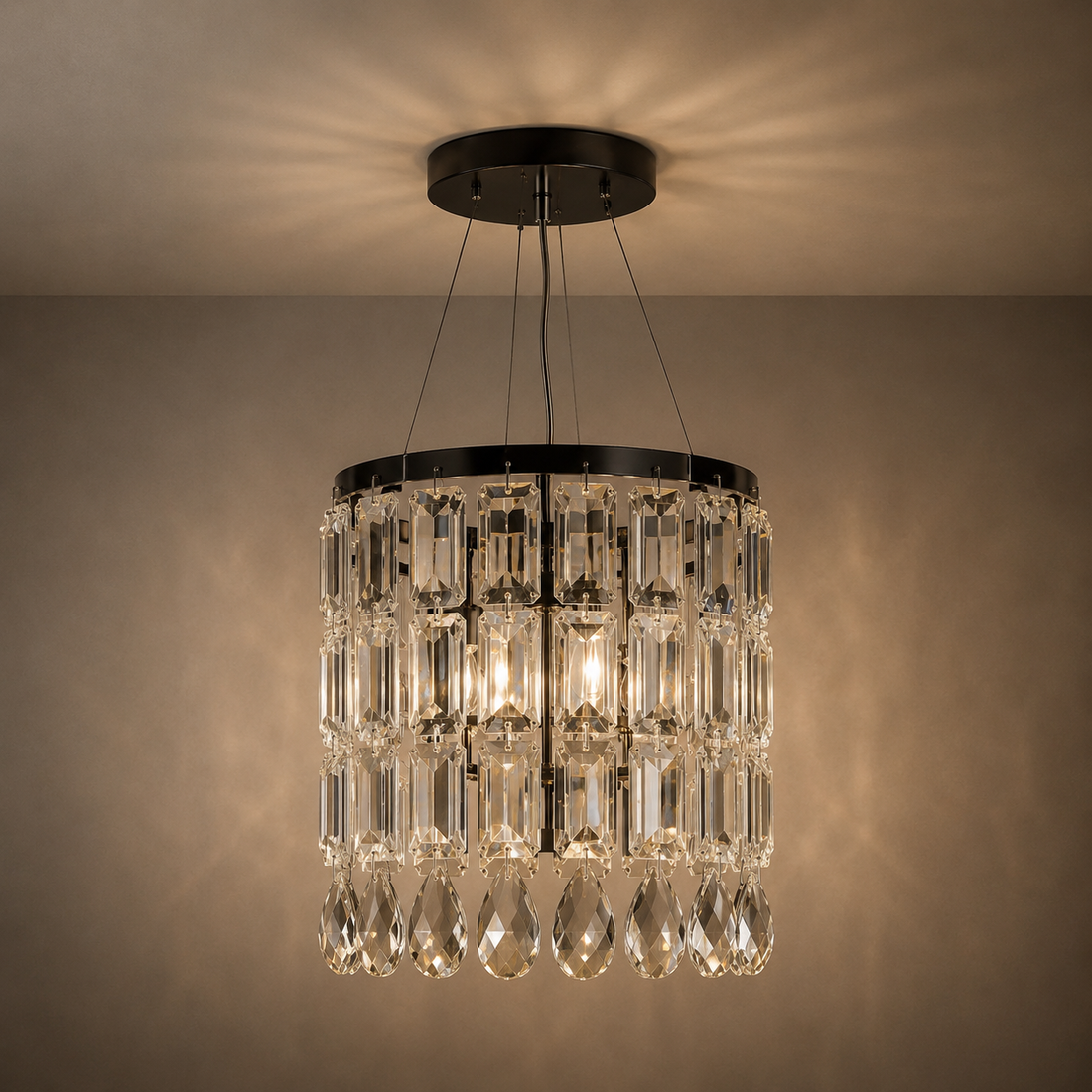 Pendul elegant cu cristale, 1 bec E27, 180×180×650 mm, finisaj metalic lucios