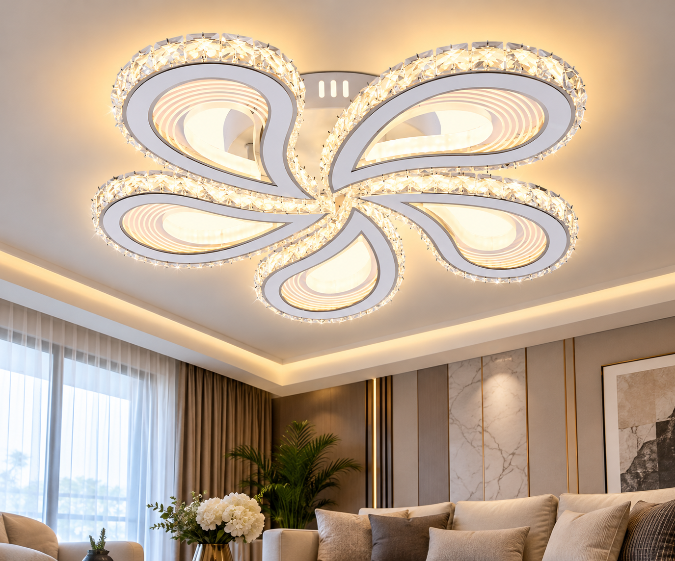 Lustră LED 7513/5 – Alb, cu 5 Brațe și Elemente Decorative din Cristal