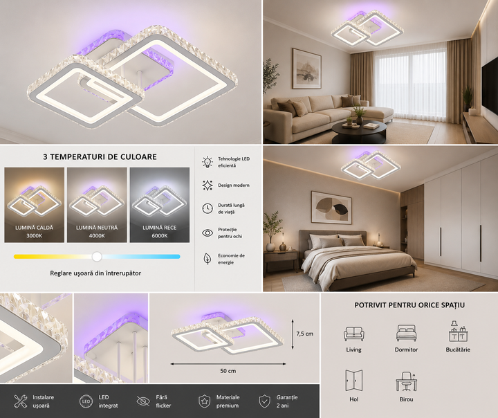 Lustră LED cu telecomandă, 135W, lumină reglabilă 3000K–6500K, 390×390×130 mm, design pătrat modern