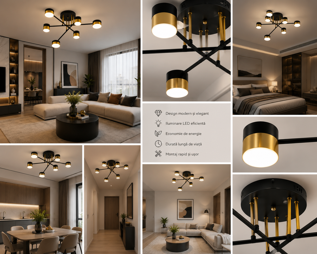 Lustra LED L7815/6BK+FGD – 72W, Design Elegant cu Finisaj Negru & Auriu