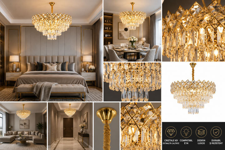 Candelabru Auriu cu Cristale – 8650/400 | Ø40 cm, 5x E27, Design Glamour