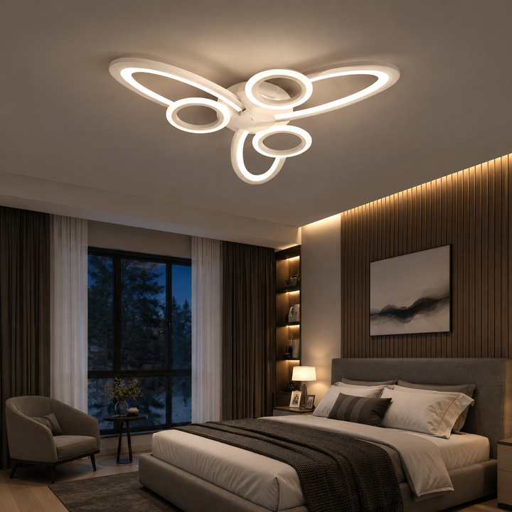 Lustra LED Alba 6 Cercuri, 96W, 3000-6500K, Telecomanda Inclusa, Model L71591/3+3