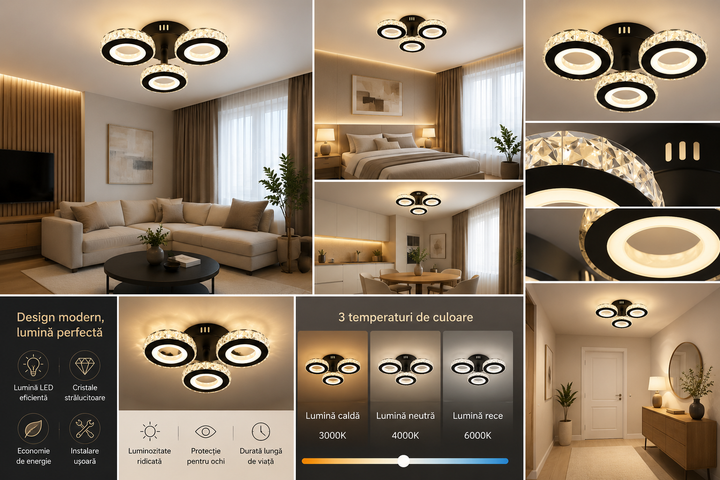 Lustra LED cu telecomanda, 2x36W, lumină reglabilă 3000K–6500K, Ø430×H110 mm, design rotund modern