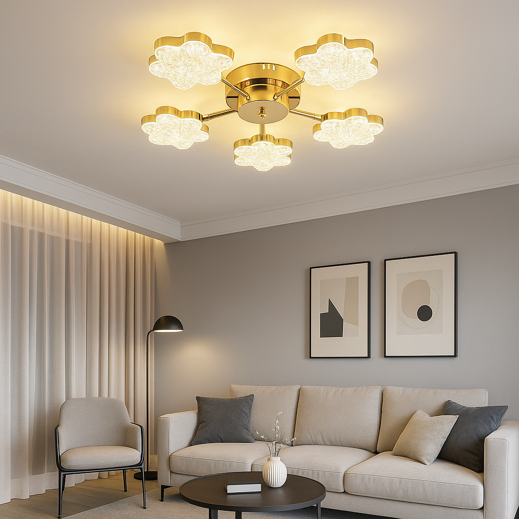 Lustră LED Florală din Cristal, 80W, Temperatură Reglabilă 3000–6500K, cu Telecomandă – 5 Brațe Aurii
