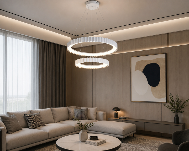 Pendul LED dublu alb suspendat cu telecomandă – design ondulat modern – 122W – 77259/400+600 WH
