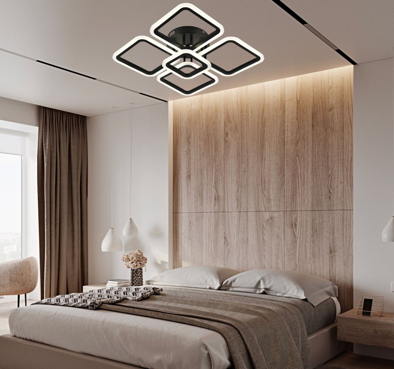 Lustra LED moderna cu telecomanda, 102W, 3000–6500K, 445×445×110 mm – model W8036/4+1BK