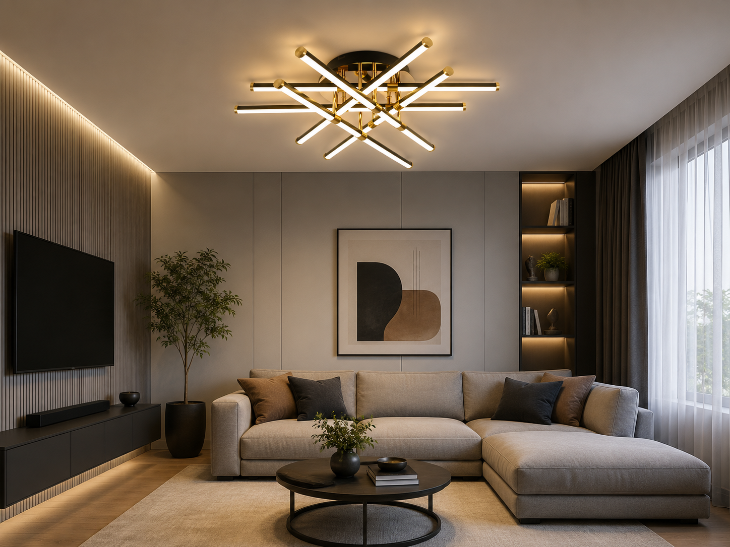 Lustră LED 9802/6BK+FGD, 144W, Ø700×H150 mm, lumină reglabilă 3000–6500K, telecomandă inclusă, finisaj negru & auriu
