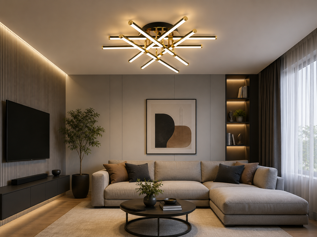 Lustră LED 9802/6BK+FGD, 144W, Ø700×H150 mm, lumină reglabilă 3000–6500K, telecomandă inclusă, finisaj negru & auriu