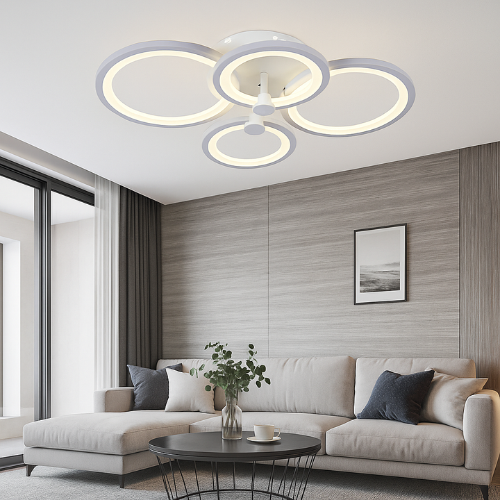 Lustra LED cu telecomanda, Albă 8067/2+2WH – Design Modern cu Inele, 108W, 3000–6500K