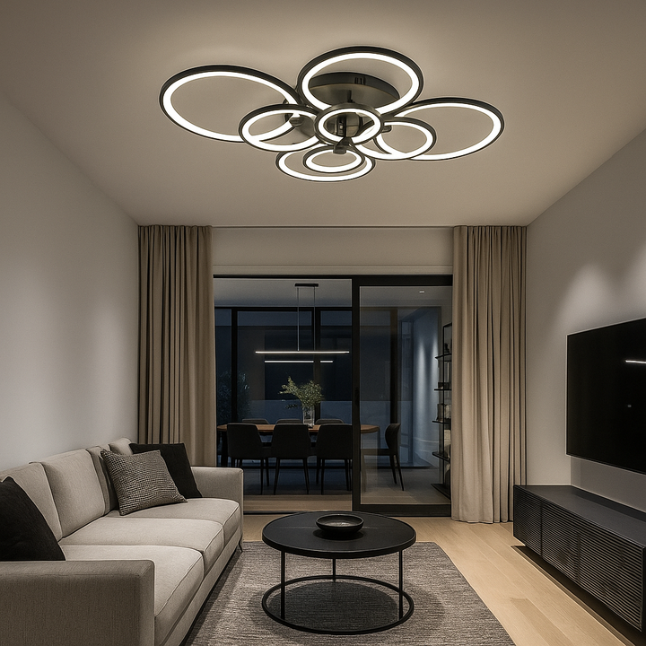 Lustra LED cu telecomanda 8067/4+4, Design cu Inele, 300W, Negru