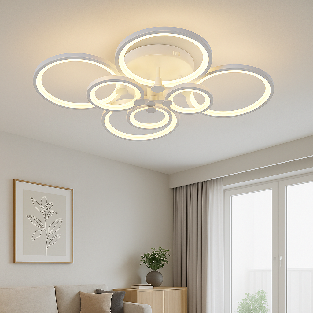Lustră LED cu telecomandă 8067/4+4, Design cu Inele, 300W, alb