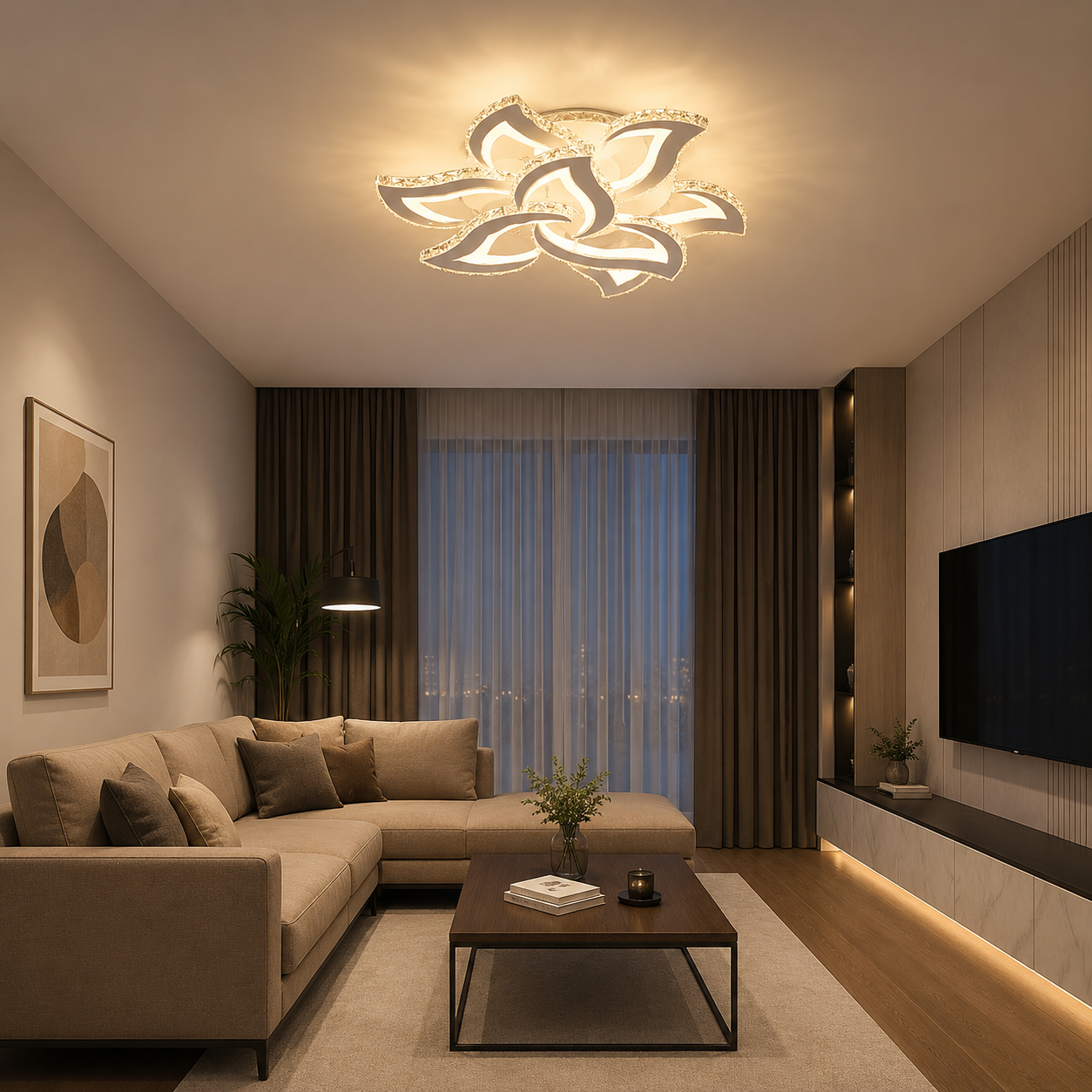 Lustra LED cu telecomanda, model 7609-6+3 – Ø710 mm, 216W + RGB,  Design cu 6 Petale