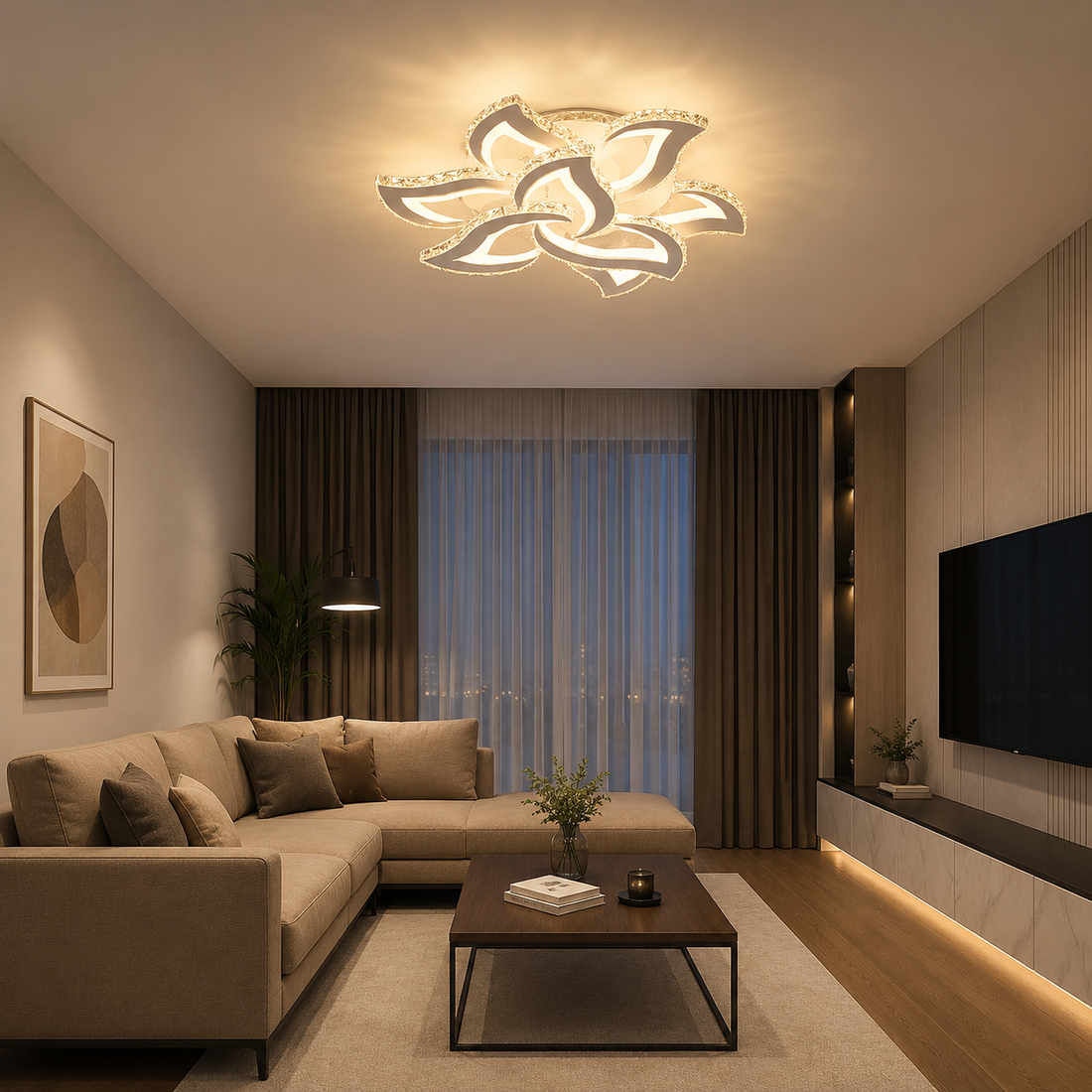 Lustra LED cu telecomanda, model 7609-6+3 – Ø710 mm, 216W + RGB,  Design cu 6 Petale