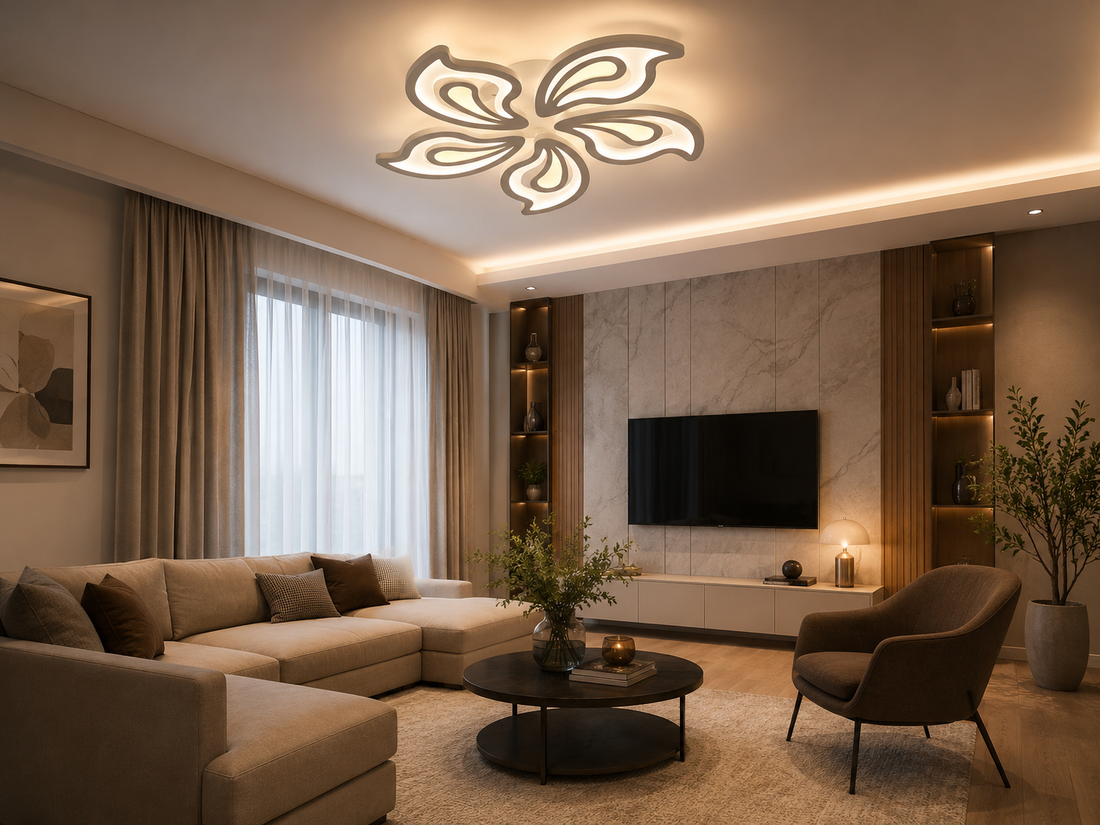 Lustră LED cu design floral, 150W, Ø690×H80 mm, lumină reglabilă 3000K–6500K, telecomandă inclusă, finisaj negru