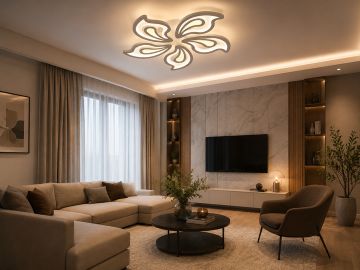 Lustră LED cu design floral, 150W, Ø690×H80 mm, lumină reglabilă 3000K–6500K, telecomandă inclusă, finisaj negru