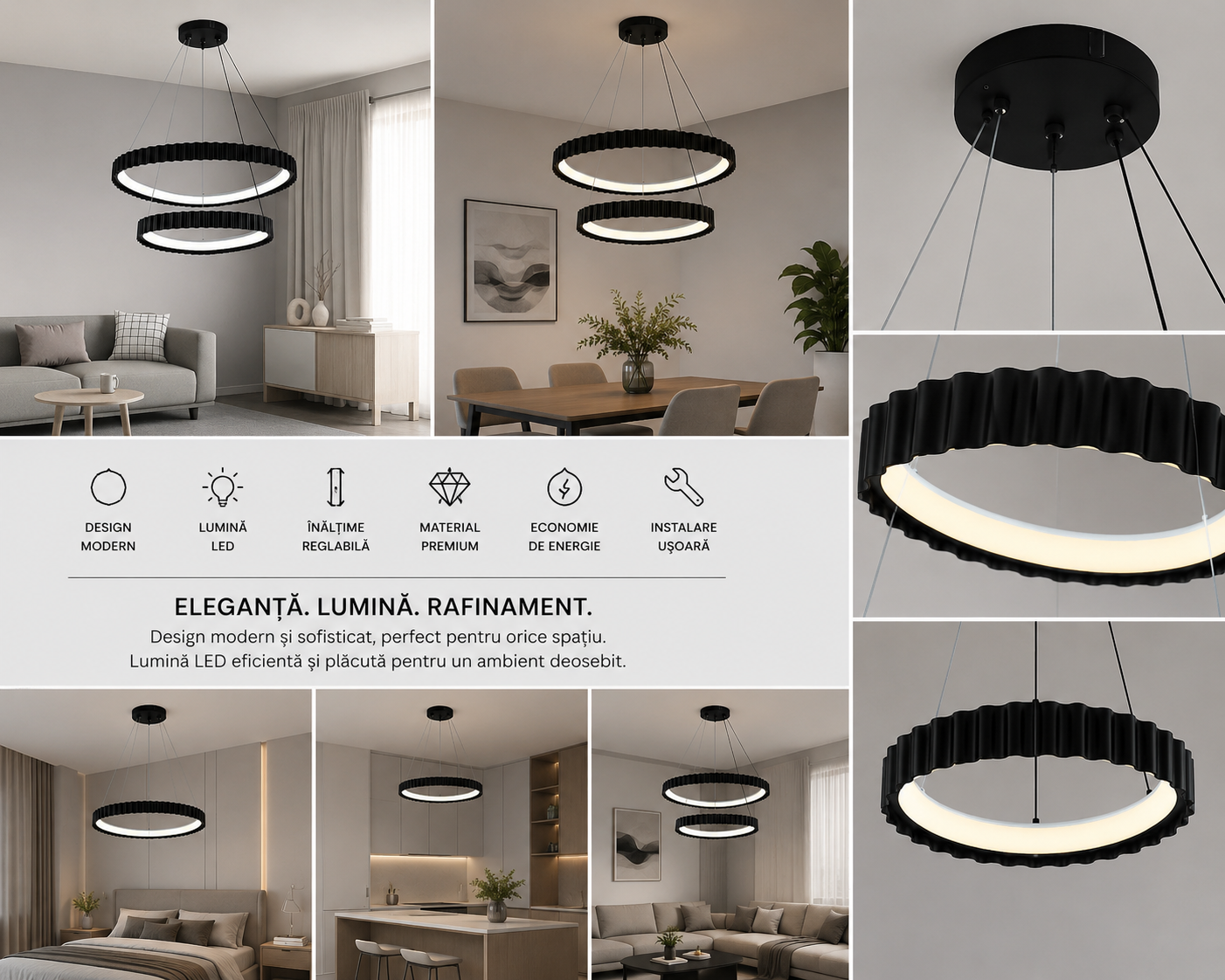 Pendul LED dubla negru suspendat cu telecomanda – design ondulat modern – 132W – 77260/630+430 MB