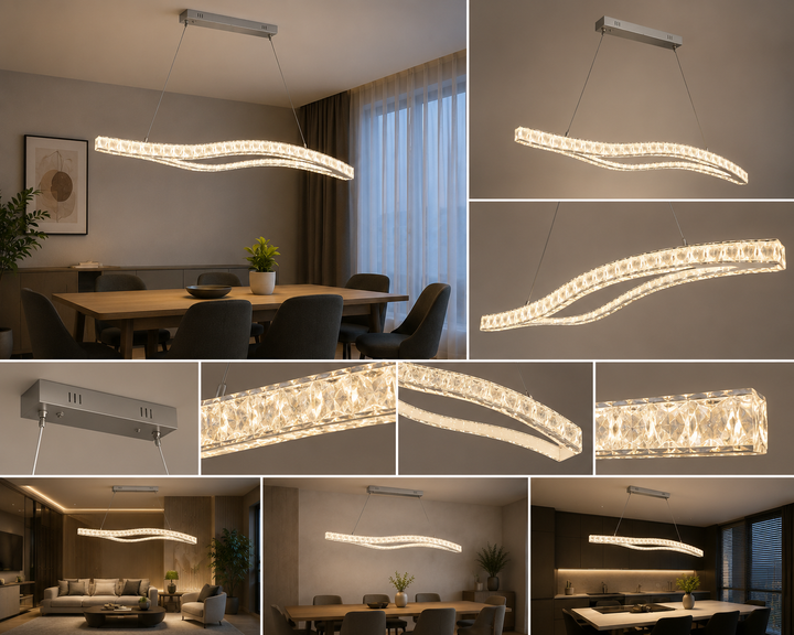 Pendul LED cu cristale, design ondulat dublu, 120W, 910×310×1500 mm, lumina reglabila 3000K–6500K, telecomanda inclusa
