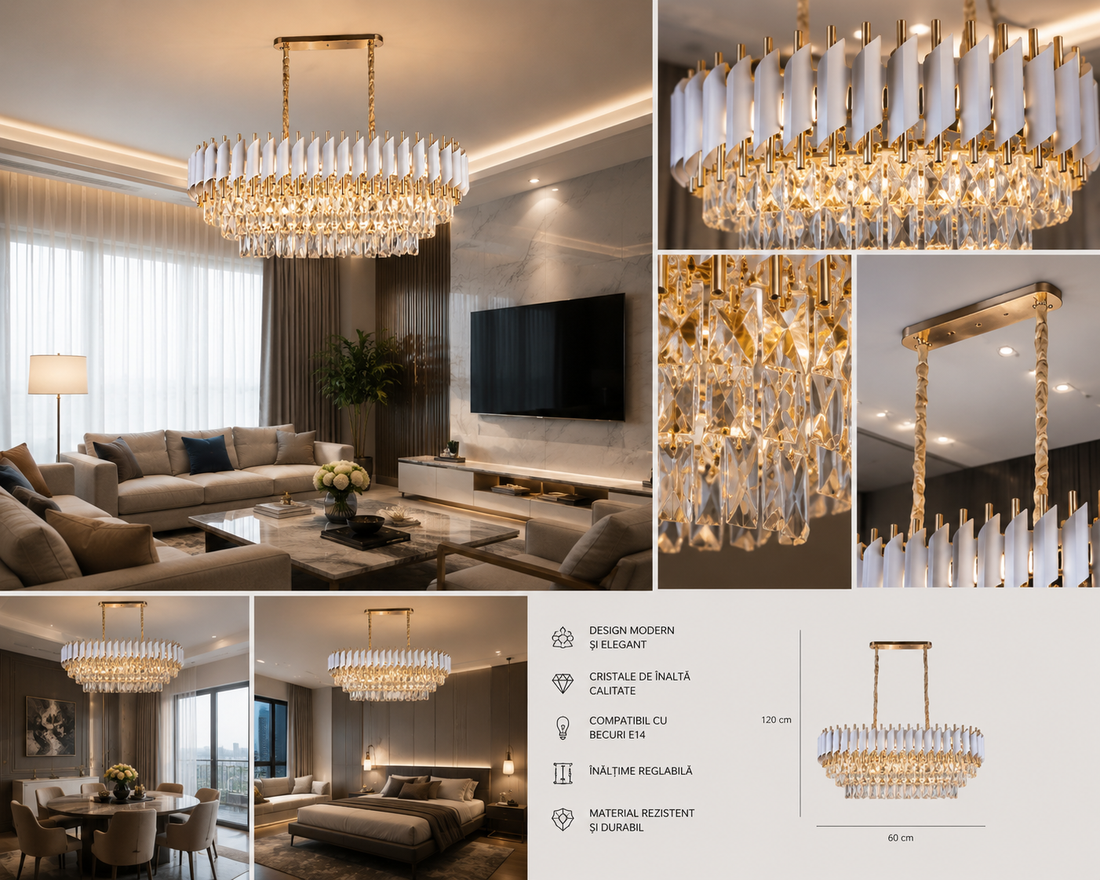 Candelabru  Rectangular Elegant cu Cristale si Detalii Aurii – Model 9001/800+300 WH+FGD,