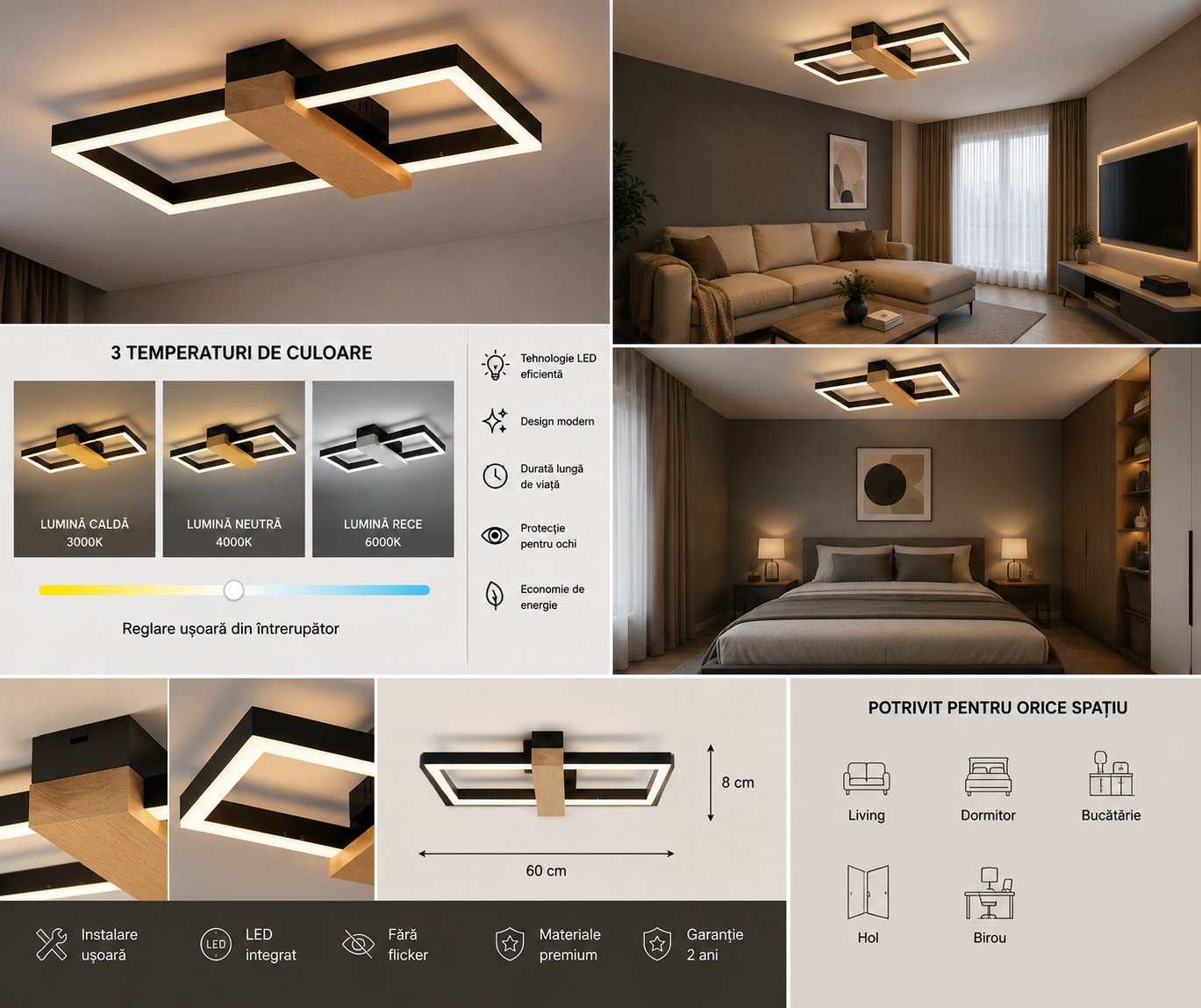Lustra LED Modernă 9416 BK+WOOD – Stil Geometric cu Accente din Lemn