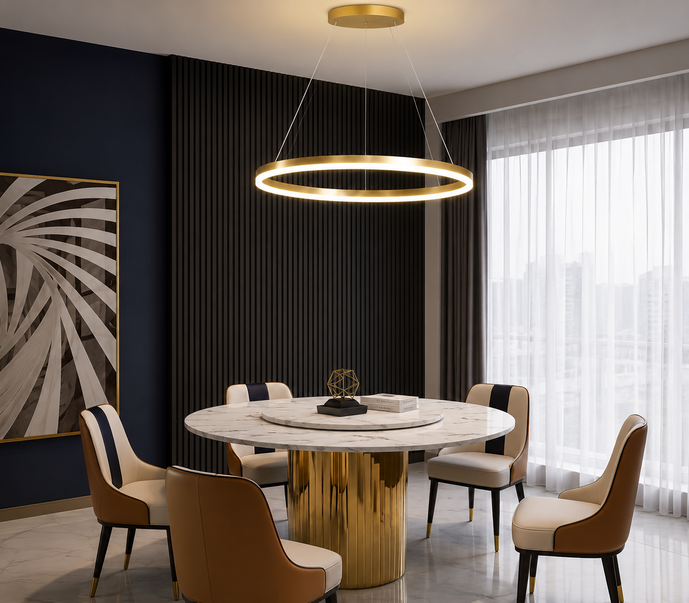 Pendul LED cu telecomanda, 55W, lumina reglabila 2800K–6500K, Ø500 mm, design auriu modern