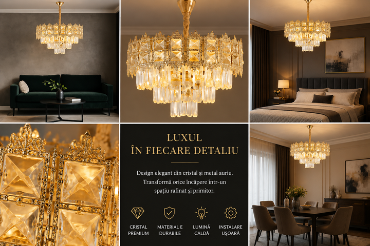 Candelabru auriu 70065-400 GD cu 5 socluri E27, stil modern pentru spații elegante