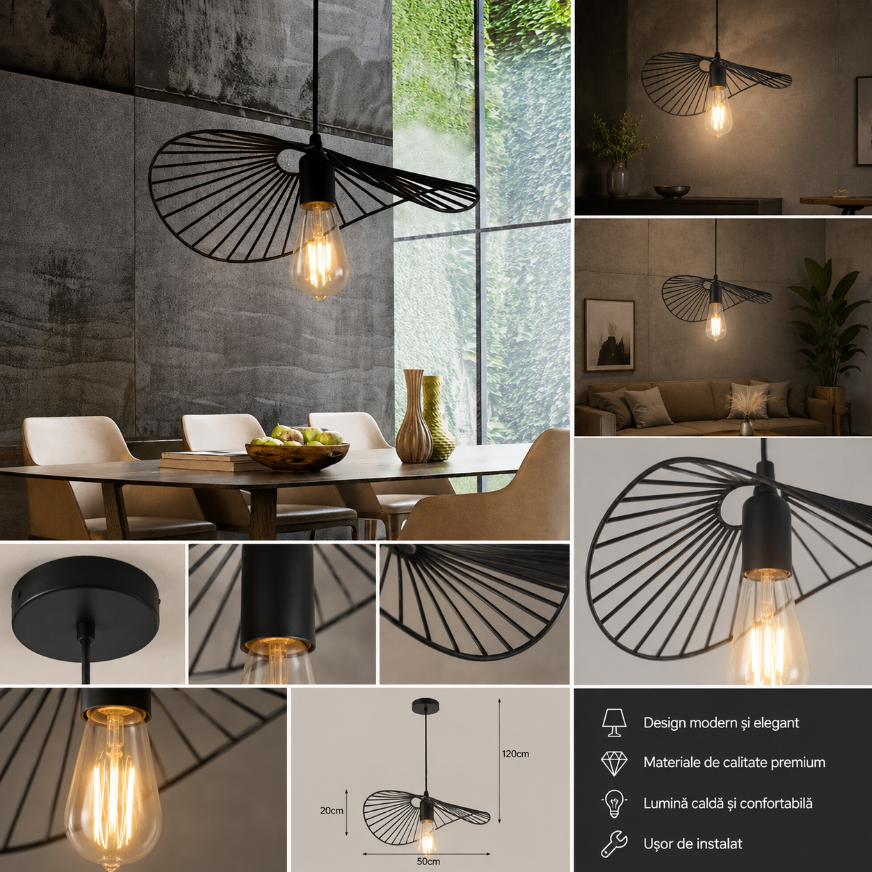 Pendul rustic, Ø380×H80 mm, E27 max 60W, fără telecomandă, JD-370