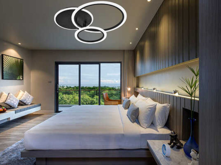 LUSTRA LED CU TELECOMANDA, MODEL 8888/3 – NEGRU 3 CERCURI, 98W