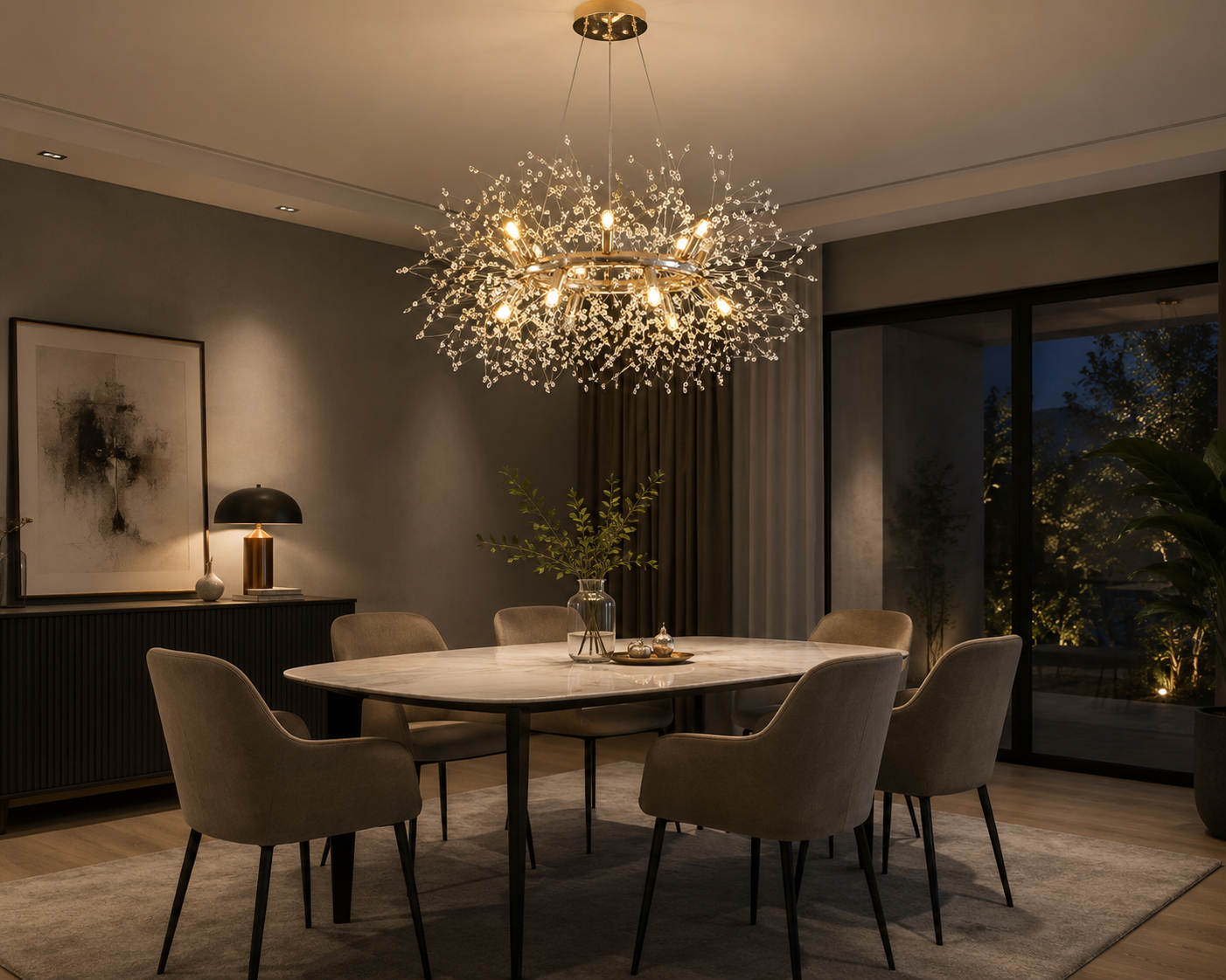 Candelabru modern LED tip ramură, 9x13W, Ø600 mm, design floral cu cristale, montaj suspendat