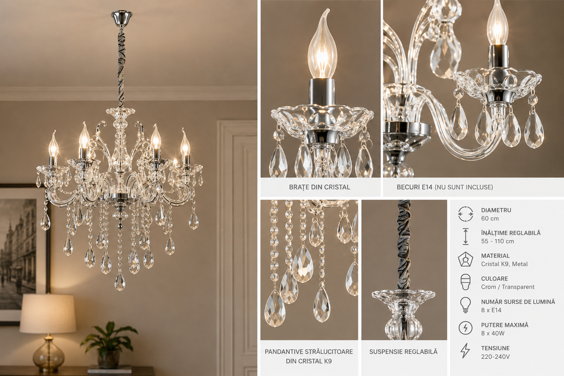 Candelabru Clasic, 6×E14, Ø62 cm, Cristale Decorative și Detalii Elegante