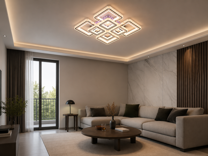 Lustra LED cu patrate moderne incrustate, alb si crom – L7965/4+4CZ WH+CR