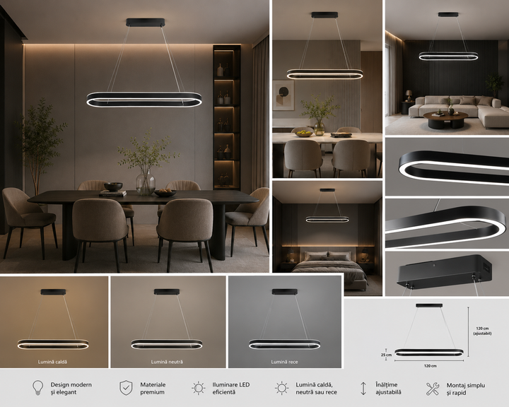 Pendul LED cu telecomanda, 140W, lumina reglabila 2800K–6500K, 800×300 mm, finisaj negru mat