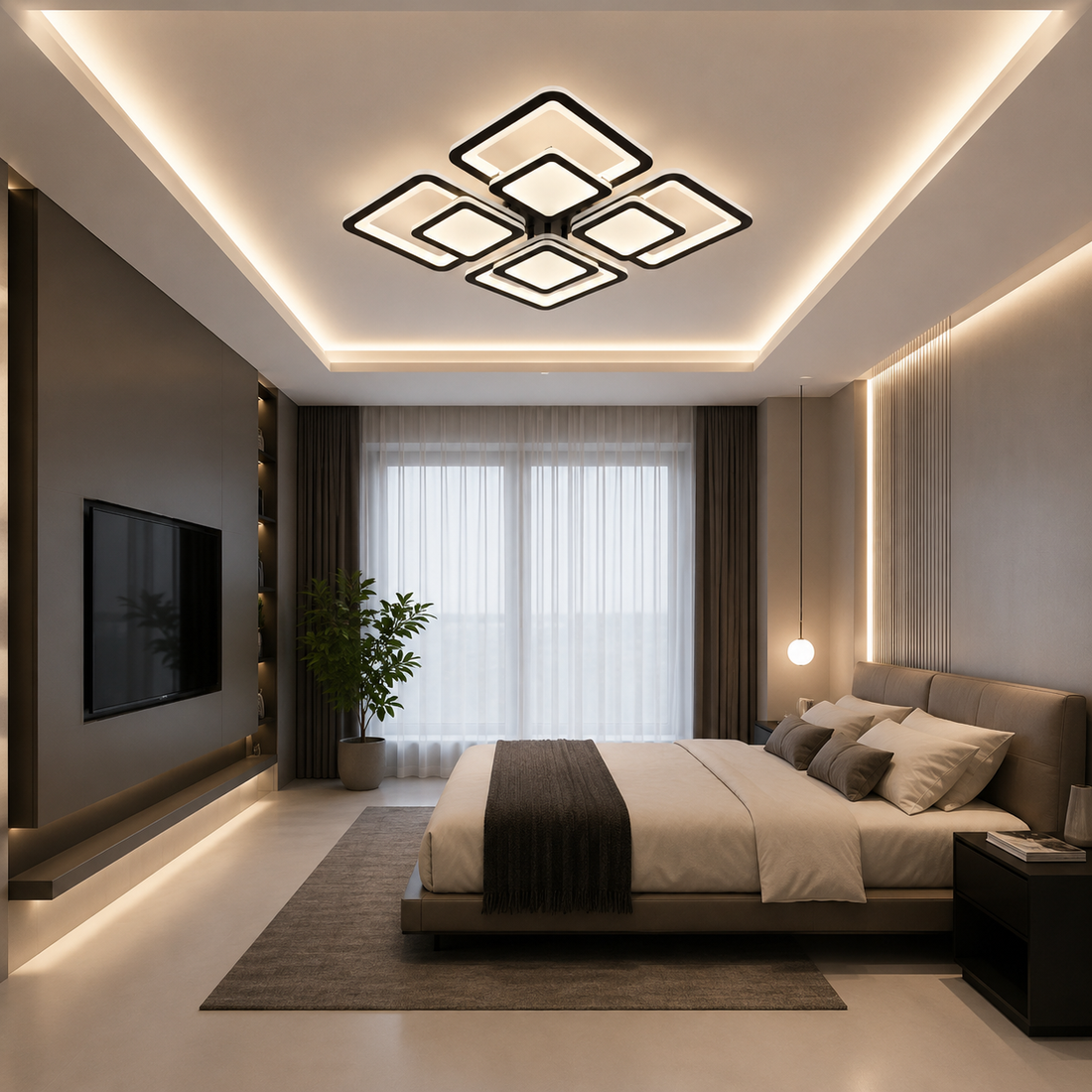 Lustra LED Modernă Neagră 8022/4BK – Design Geometric cu 4 Elemente, Telecomandă, Lumină Reglabilă